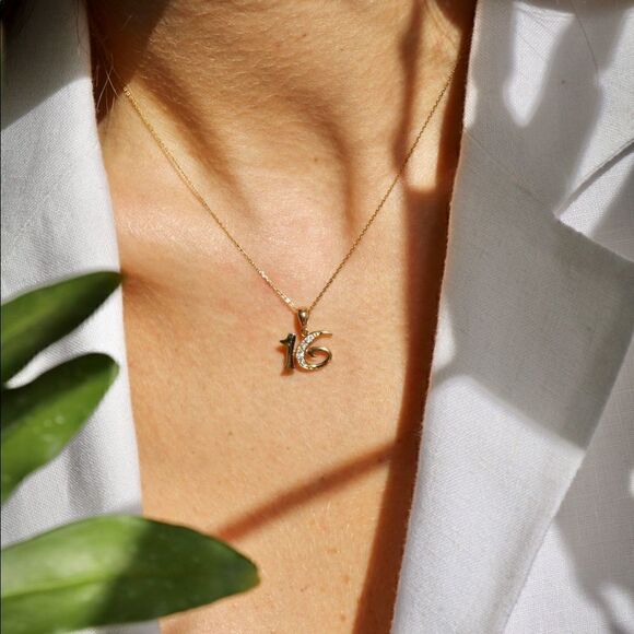 14k Solid Gold Sweet 16 Charm | Sweet 16 Jewelry | Real Gold Pendant | Birthday - Picture 2 of 7